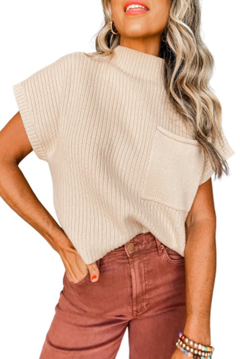 Ribbed Mock Neck Patch Pocket Drop Shoulder Short Sleeve Sweater
